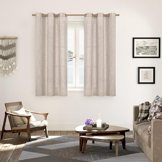 YoungsTex Natural Linen Curtains 48 Inch Length for Living Room Window | Short Semi Sheer Drapes with Bronze Grommet for Bedroom Light Filtering , 2 Panels, 42 X 48 Inch
