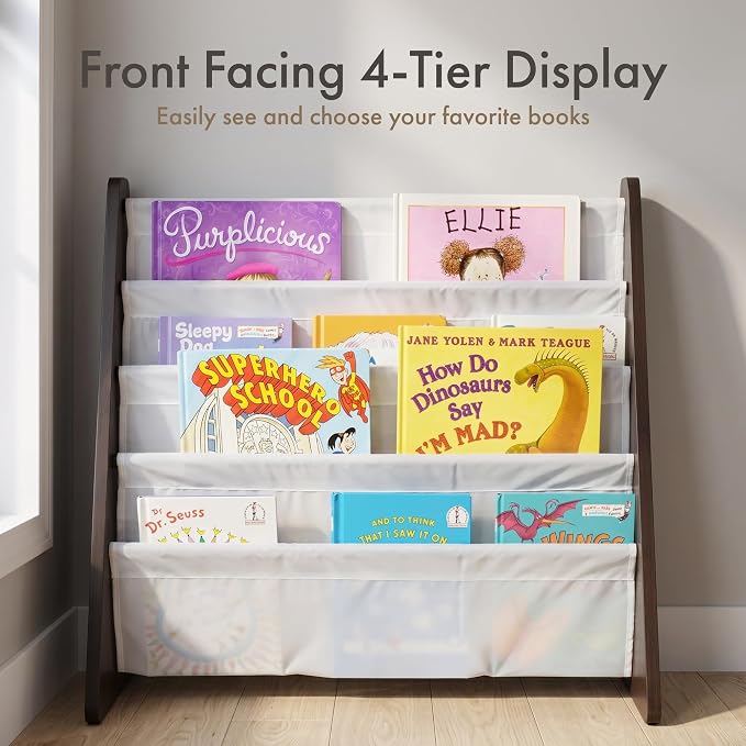 Humble Crew Kids Bookshelf, Montessori Front Facing Toddler Bookcase 4 Tier | Book display rack and reading nook organizer, nylon pockets show covers face out, compact for any playroom or bedroom space