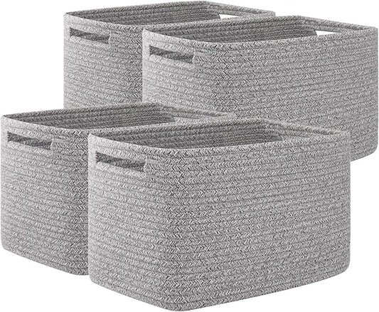 OIAHOMY 4 Pack Storage Baskets for Organizing 24L Cube Storage Bins Grey | Woven Baskets for Storage Rectangle Small Baskets With Handles Baskets for Shelves Wicker Baskets for Shelves 16x12x8inch