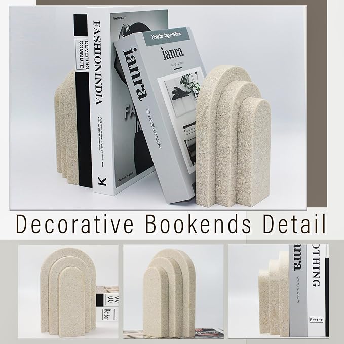 LIN CHUAN Heavy Duty Bookends for Shelves, Set of 2, Sandstone Beige | Book Ends for Heavy Books, Decorative Book Stopper with Faux Sandstone Finish, Layered Arch Design Bookshelf holder, 6.6 lbs