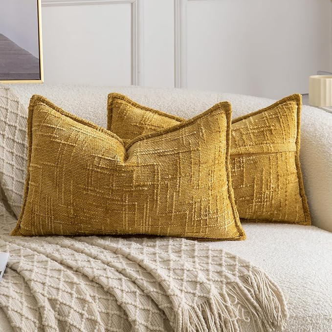 MADIZZ Pack of 2 Chenille Throw Pillow Covers 12x20 Inch Yellow Soft Neutral Decorative Throw Pillows for Couch Sofa Boho Accent Cushion Covers Modern Farmhouse Home Decor for Bedroom Living Room