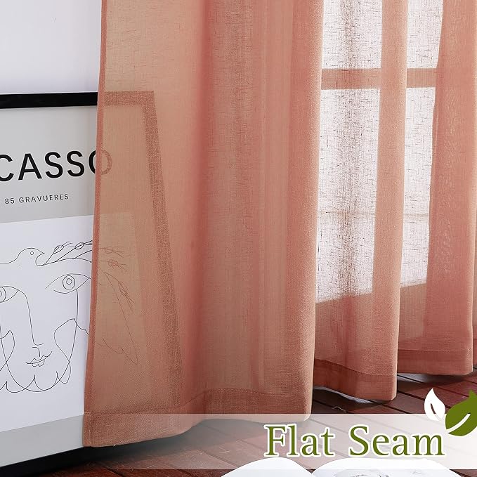 NICETOWN Linen Semi Sheer Curtains, Grommet Top Rustic Farmhouse Linen Curtains & Drapes Privacy with Light Through Drapes for Bedroom/Home Office, Terracotta=Burnt Orange, W52 x L96, 1 Pair