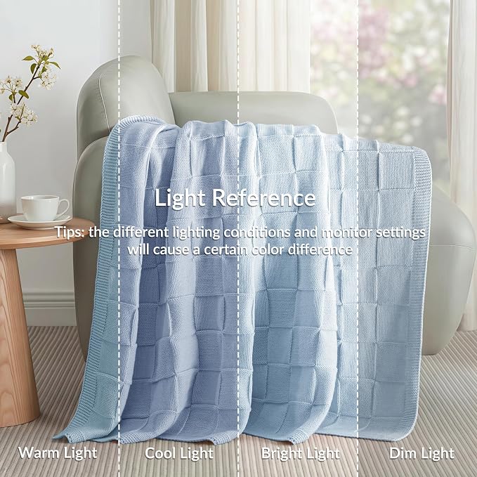 Whale Flotilla Checkered Knit Throw Blanket for Couch, Blue | Soft Decorative Knitted Blankets for Couch Sofa Bed, Lightweight Cozy Throws for Spring Summer, 60x80 Inch
