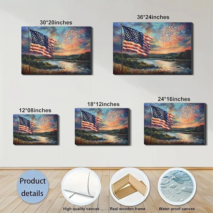 Framed American Flag Sunset Fireworks Wall Art, Patriotic 4th of July Canvas Art Pictures, USA Flag Wall Decor for Living Room Man Cave Bar, Ready to Hang Made in USA