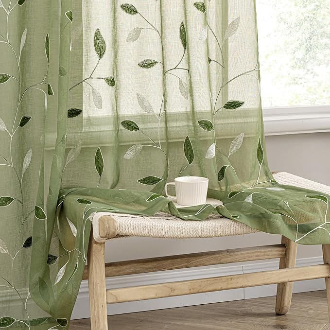 MIULEE Sage Green Sheer Curtains 2 Panels Leaf Patterned, W52 x L96 | Embroidered Floral Semi Sheer,Rod Pocket,Faux Linen,Short Window Curtains Drapes Set for Kitchen/Bathroom/Cafe