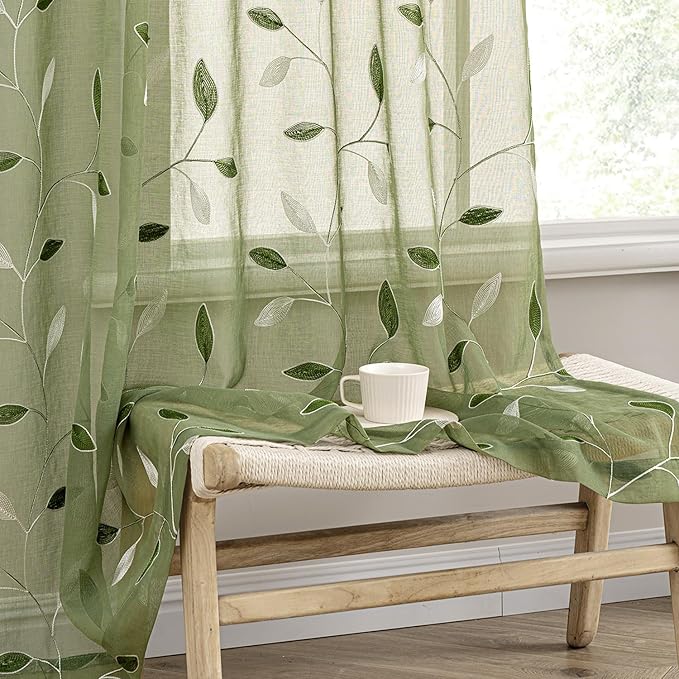 Sage Green Leaf Embroidered Sheer Curtains 84 Inch 52x84 2 Panels
