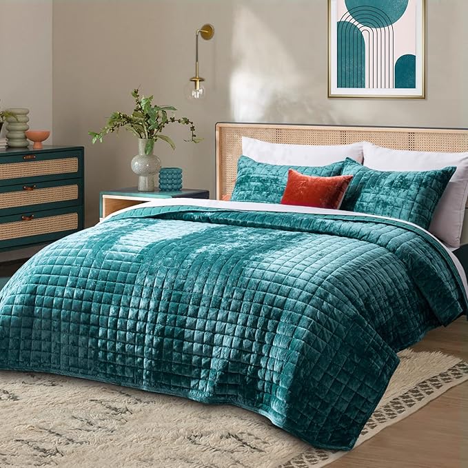 RECYCO Channel Box Stitch Velvet Quilt Set, King Size, Teal | Ultra Soft Lightweight Velvet Comforter, Luxury Oversized Bedspread Coverlet, Quilted Bedding Set for All Season with 2 Shams