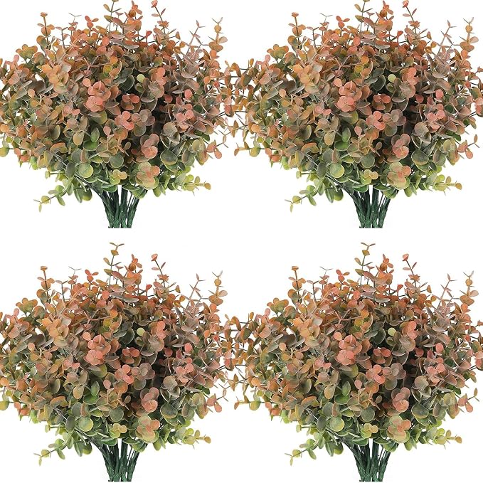 RECUTMS 12 Bundles Artificial Fall Eucalyptus Plant Stems 13In Dusty Orange | Plastic Boxwood Shrubs Greenery, No Maintenance,Long-term Reuse,Table Arrangement,Farmhouse Garden Vase Outdoor Planter Decor