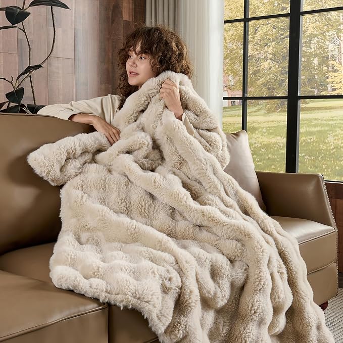 Lotus Karen Faux Fur Throw Blanket Linen - 800 GSM Bubble Rabbit Fluff Blanket for Couch Bed Sofa,Softest Fluffy Fuzzy Cozy Blanket,Thick Furry Plush Shaggy Warm Blankets for Women,108x90 Inches