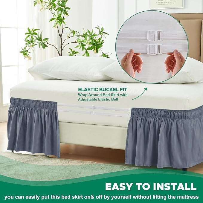 Wrap Around Bed Skirt King Size 14 Inch Drop-Elastic Dust Ruffle Dark Grey | Adjustable Pleated Bedskirt-Easy Fit Wrinkle Resistant Washable Hotel Quality Fabric Bed Skirting-Master Guest Bedroom Rental