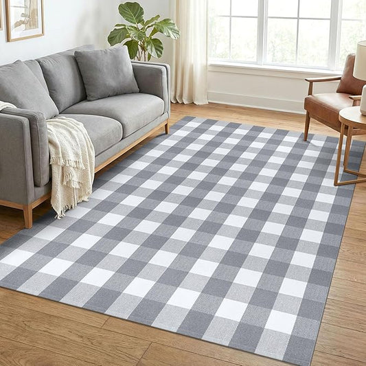 KOZYFLY Buffalo Plaid Area Rug 5x7 ft Living Room Rug, Gray and White | Washable Checkered Rugs, Cotton Bedroom Rug, Woven Dining Room Rug, Indoor Outdoor Carpet for Farmhouse Patio Front Porch