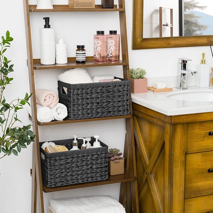 GRANNY SAYS Black Wicker Basket,Decorative Woven Baskets for Storage,2-Pack | Waterproof Plastic Black Baskets for Shelves,Storage Basket Organizer,Wicker Storage Basket for Organizing,Black Woven Basket
