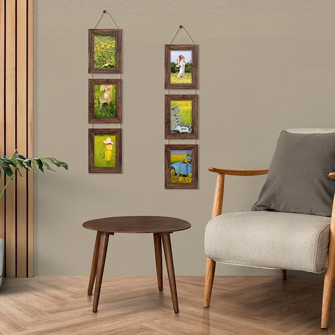 5x7 Collage Picture Frames Set of 2, Rustic Wooden Real Glass Vertical Hanging 3 Opening 5 by 7 Photo Frame, Distressed Brown
