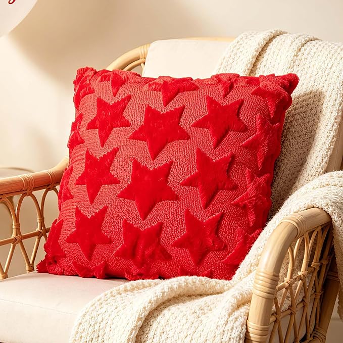 4th of July Decorations Pillow Covers 18x18 inch Set of 2 Red Embroidery Star Decoration Soft Plush Faux Fur Jacquard Throw Pillows Independence Memorial Day for Home Sofa Farmhouse Decorations
