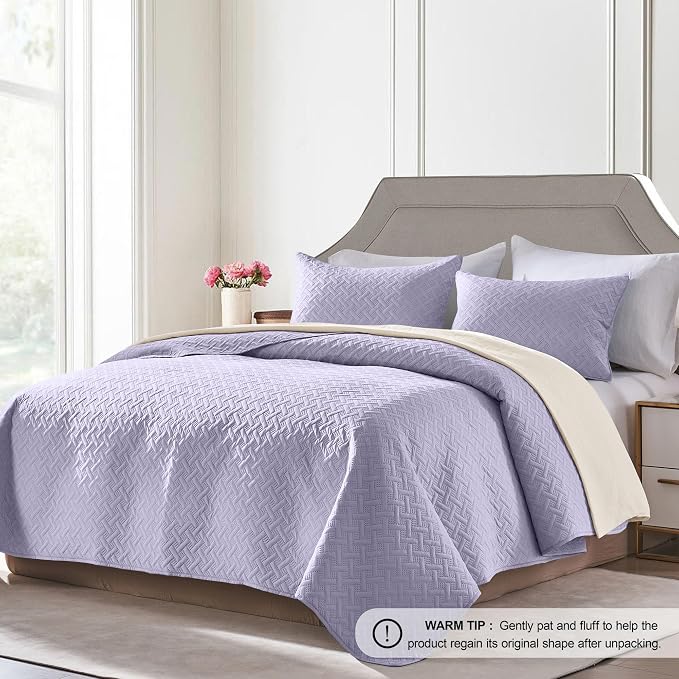 FLYMME Quilts King Size,Lightweight Lavender Bedspreads,Basket Weave Pattern,Ultra Soft Microfiber Bed Coverlet 3 Pieces for All-Seasons (1 Quilt,2 Pillow Shams)