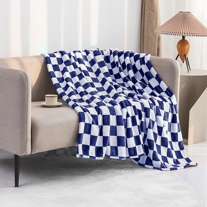 LOMAO Throw Blankets Flannel Blanket with Checkerboard Grid Pattern Soft Throw Blanket for Couch, Bed, Sofa Luxurious Warm and Cozy for All Seasons (Dark Blue, 50"x60")