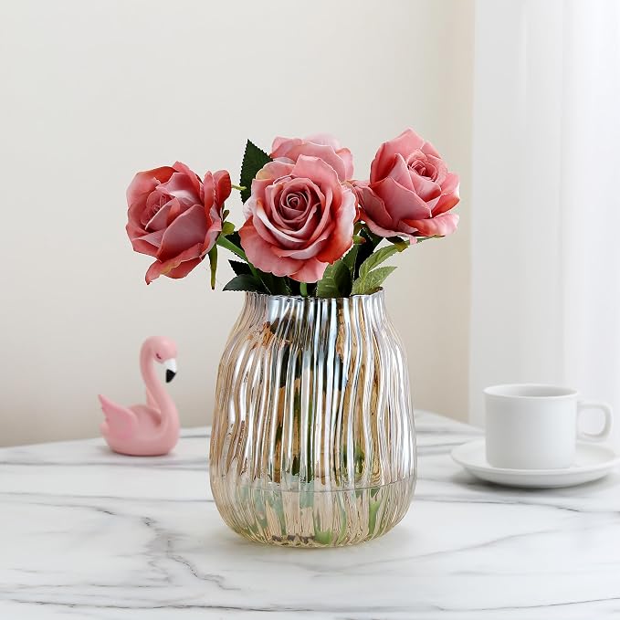 Large Amber Glass Vase for Home Decor Ribbed Tall Gold Floor Vase 8.0" Decorative Vases for Table Centerpieces Flowers Decor and Farmhouse(Brown 8.0in)