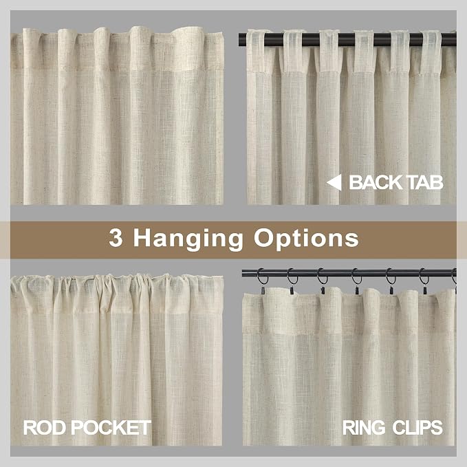 Pitalk Flax Linen Curtains 92 Inch Length 2 Panels for Living Room Dining Back Tab Pocket Pinch Pleated Look Window Curtain Drape Rustic Farmhouse Decor Beige Sheer Curtain for Bedroom 52 x 92 Long