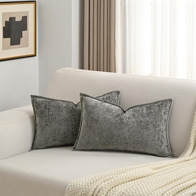 FUTEI Pack of 2 Chenille Soft Throw Pillow Covers 12x20 Inch, Grey