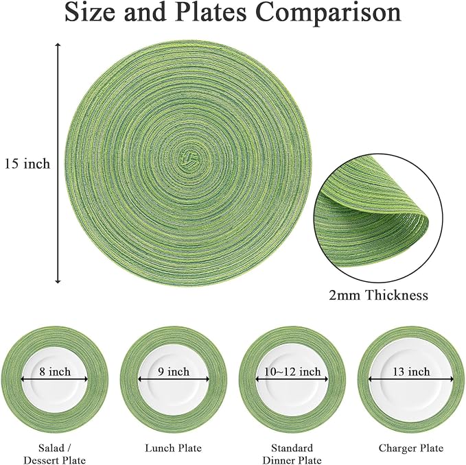 SHACOS Round Placemats Set of 8 Washable 15 inch Round Table Mats Braided Non Slip Fabric Place Mats for Dining Table Indoor Outdoor (Mixed Color Pea Green, 8)