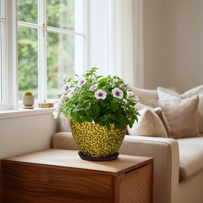 8 Inch Flower Pot, Ceramic Planters with Drainage, Yellow Leopard | Round Indoor Plant Pot with Saucer, Decorative Planter for Indoor Plants, Bathroom Decor, House Warming Gifts