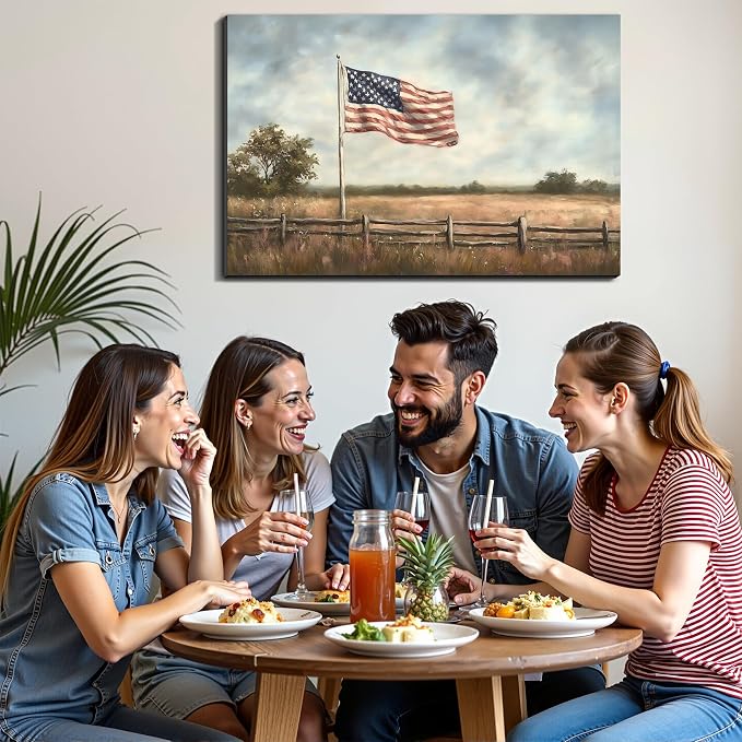 Framed Vintage American Flag Field Wall Art, Patriotic Rustic Canvas Art Pictures, USA Flag Wall Decor for Living Room Farmhouse Garage, Ready to Hang Made in USA