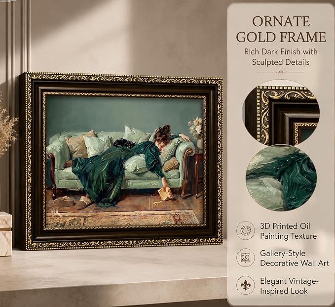Vintage Gold Framed Wall Art, 3D Textured Victorian Woman Canvas Print | Moody Cozy Black Cat Picture Wall Decor, Antique Woman Reading Sofa Poster Artwork for Library Bedroom Living Room