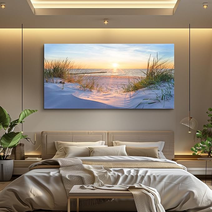 Wall Art For Living Room Large Size Wall Decorations Pictures Blue Sun Beach Grass Ocean Landscape Painting Office Wall Decor Canvas Prints Ready To Hang For Home Decoration Works Of Art 24" X 48"