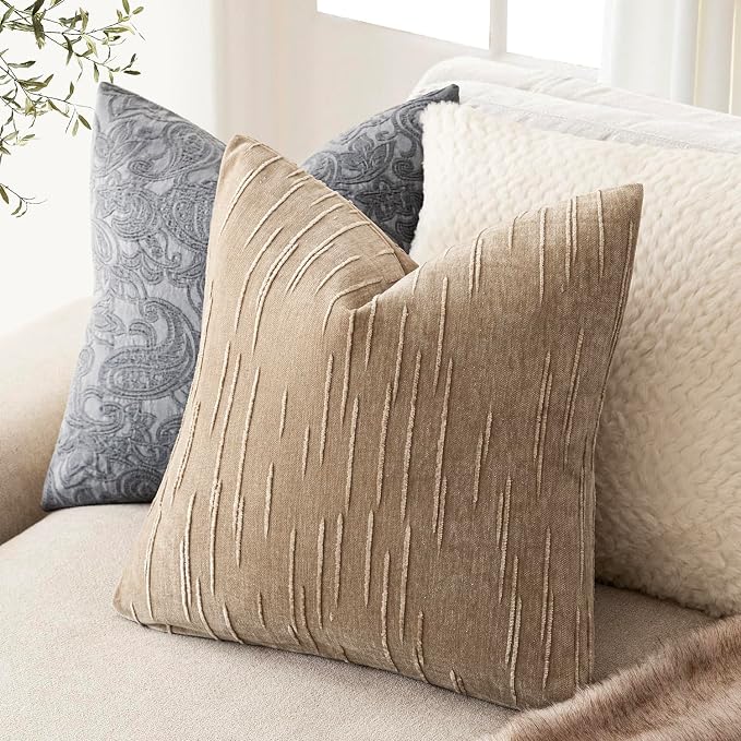 Foindtower Pack of 2 Slubby Textured Chenille Throw Decorative Pillow Covers Square Accent Solid Cushion Cover Neutral Farmhouse Pillow Case for Couch Sofa Bedroom Living Room 24x24 Inch,Khaki Camel