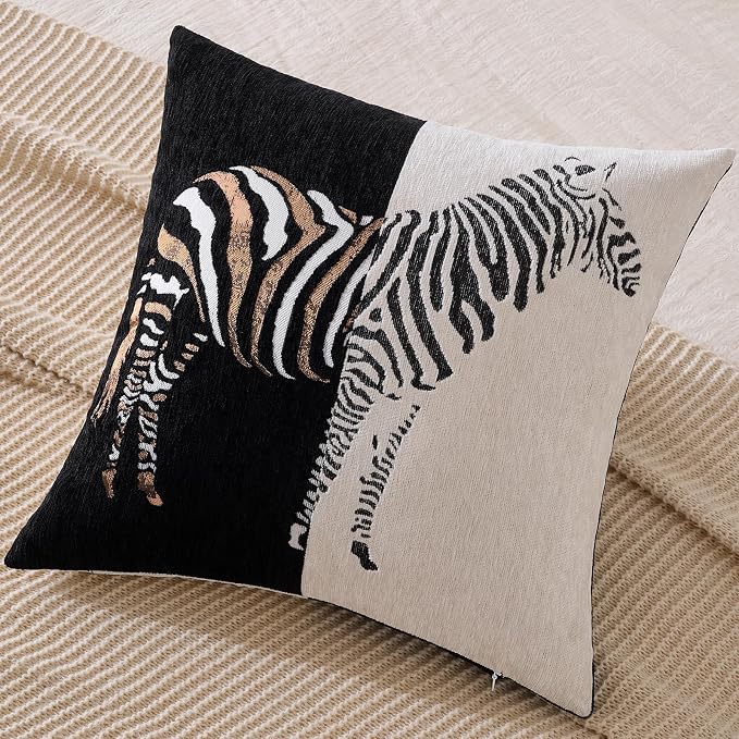 AmHoo Set of 2 Throw Pillow Covers Zebra Chenille Patchwork Decorative Pillows Cover Pillowcase for Sofa Couch Bed 18 x 18-Inch Black
