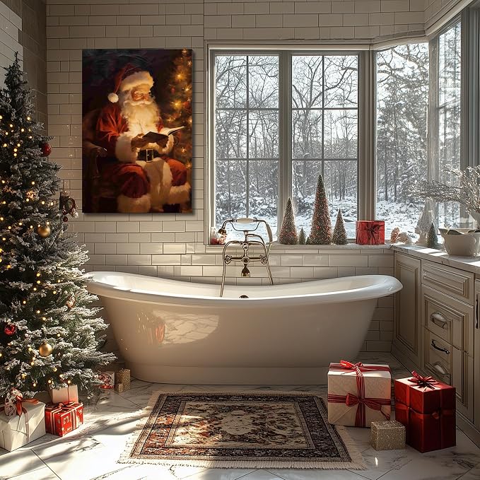 Santa Reading Book Christmas Wall Art 16x24in, Vintage Framed Canvas Prints Posters for Home Decor, Rustic Winter Painting for Christmas Wall Decor, Holiday Decoration Gifts for Bedroom