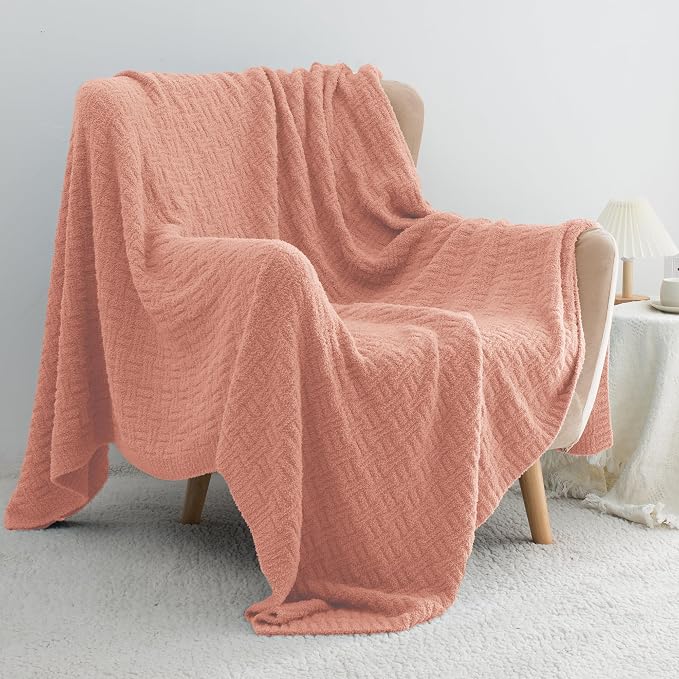 Pink Ultra Soft Knit Throw Blanket for Couch,60"X80" Microfiber Fluffy Cozy Warm Knitted Blankets with Checked Pattern for Sofa Bed