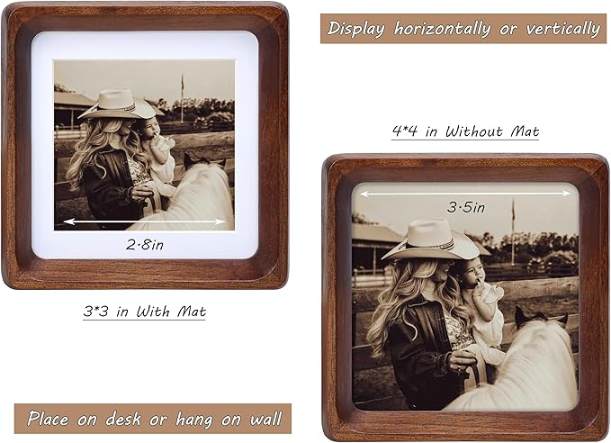 Square 4x4 Picture Frame with Mat for 3x3, USA-Sourced Natural Walnut Wood Handcrafted Rounded Corner with Real Glass, Vertical or Horizontal Display Photo Gallery Wall & Tabletop Frame