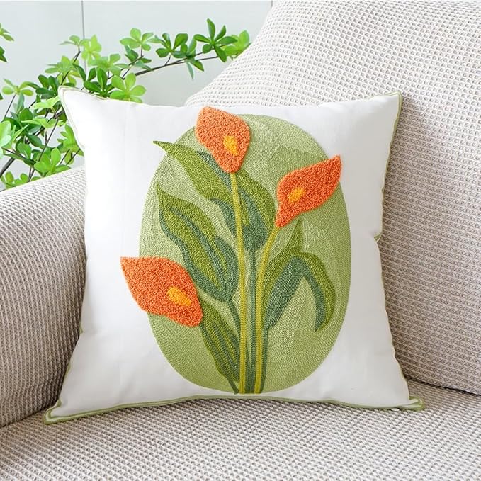 vctops Farmhouse Calla Lily Cotton Tufted Throw Pillow Cover Spring Floral Embroidery Pillowcase Soft Square Cushion Case for Sofa Couch Bed Chair (Orange C,18"x18")