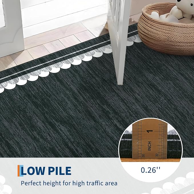 COZYLOOM Kitchen Runner Rug 2x6 Washable Rugs for Bedroom Modern Bordered Non Slip Low Pile Area Rug Stain Resistant Non Shedding Neutral Carpet Foldable Thin Mats for Entryway, Hallway, Black