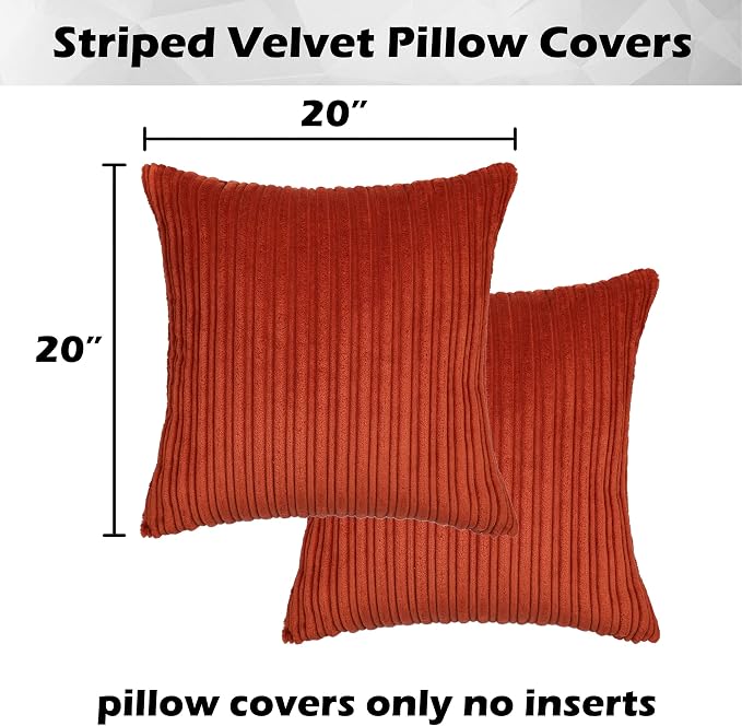 Kevin Textile Striped Corduroy 20”x20” Pillow Covers 2 Pack, Burnt Brick
