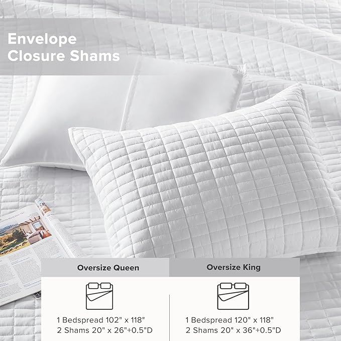 Comfort Spaces Oversized Bedspread King Quilt Set 3 Piece 120 x 118 White | Coverlet for Summer Soft Cozy Lightweight All Season Quilted Extra Layer with Matching Sham, Bedroom Decor OEKO-TEX Certified