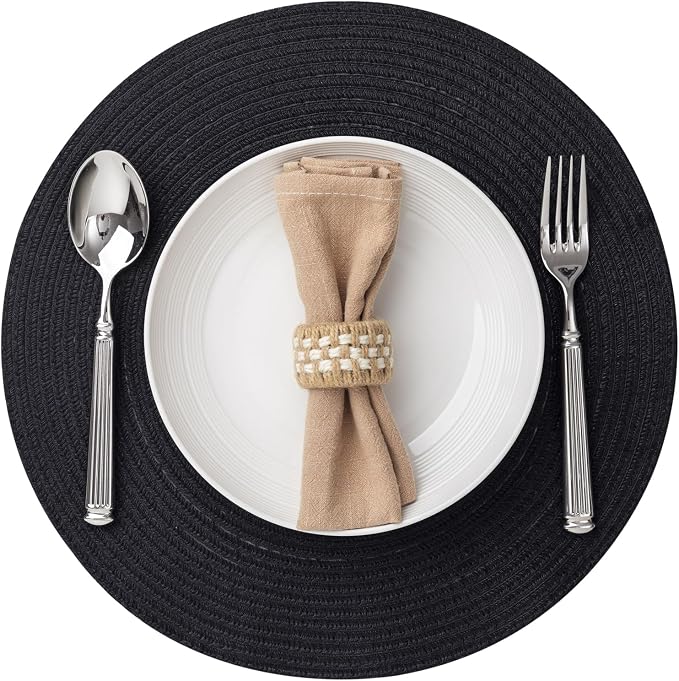 BARoyal Round Placemats Set of 12 Woven Placemats Washable Braided Table Mats for Dining Table Heat Resistant Non-Slip Circle Place Mats(Black)