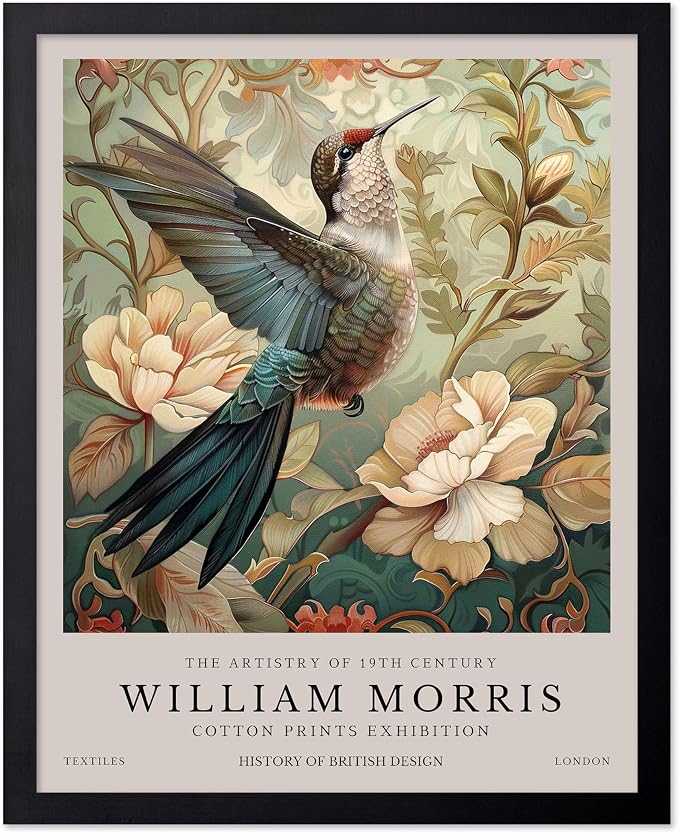 Poster Master William Morris Poster - Hummingbird Print - Botanical & Floral Illustration - Aesthetic Office or Bedroom Decor - 8x10 Black Framed