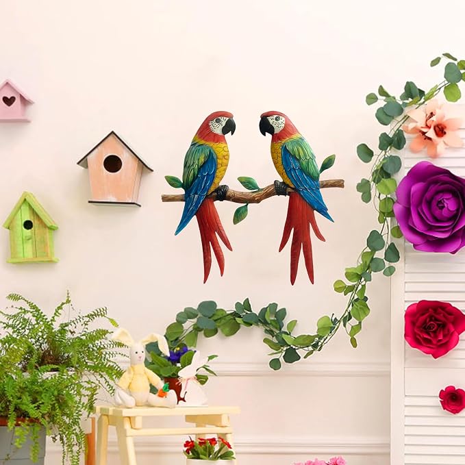 Limygus Tropical Colorful Double Parrot Metal Wall Hanging Decor for Outdoor Patio Yard Indoor Bedroom Balcony