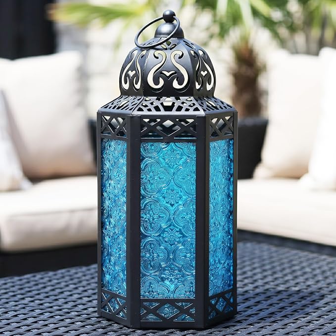 Vela Lanterns Decorative Indoor Candle Holder Table Centerpieces - Moroccan Hanging Outdoor Patio & Porch Home Decor, Turkish Lamp for Wedding, Ramadan (Large 12", Blue Glass)
