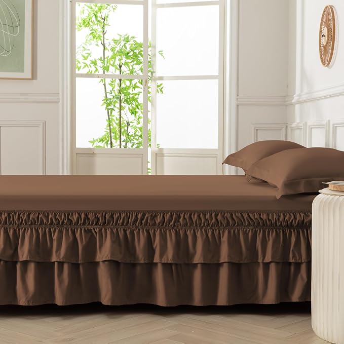 Double-Layered Ruffled Bed Skirt,Brown,Full/Queen, 14" Drop | Wrap Around, Adjustable Elastic, 2 Layer, Machine Washable Soft Fabric, Multi Ruffle Bedskirt