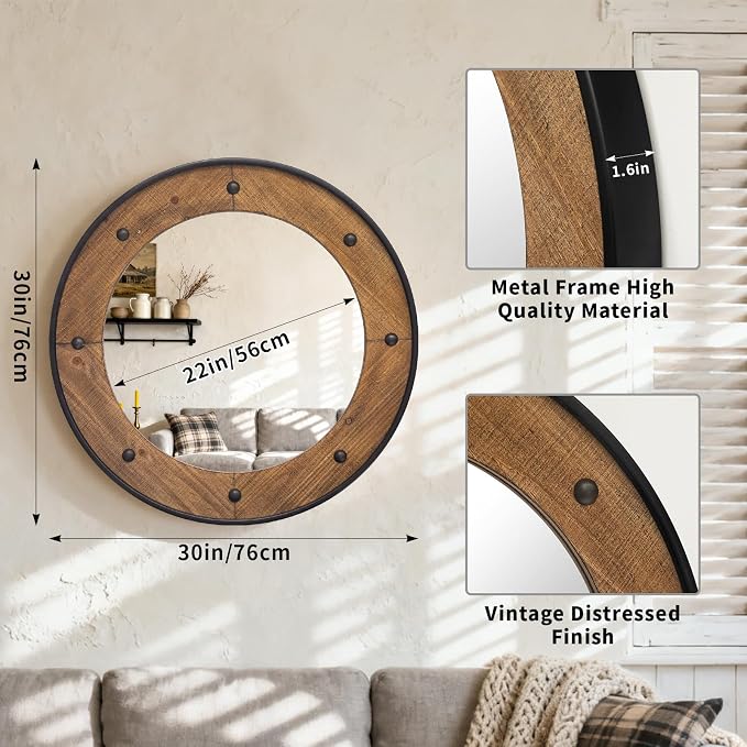 Rustic Round Wall Mirror 30 Inch, Natural Wood Frame with Black Metal Trim, Industrial Farmhouse Round Wood Mirror, Decorative Wall Mirror for Bathroom, Living Room, Entryway