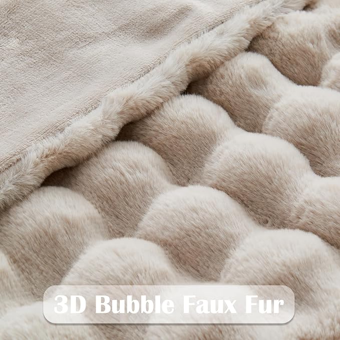 NEWCOSPLAY Faux Fur Thick Bubble Throw Blanket for Couch, Linen, 50"x60" | Luxury Fluffy Thick Warm Bubble Blanket for Couch Sofa Bed 1000GSM, Soft Plush Cozy Decorative Throw, Gift for Women Men