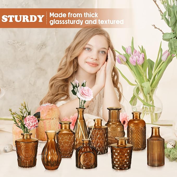 Inbagi 20 Pcs Glass Bud Vase Set - Dark Amber Small Flower Vases Bulk, Vintage Embossed Decorative Bottles for Wedding Valentine Home Table Centerpieces Decor