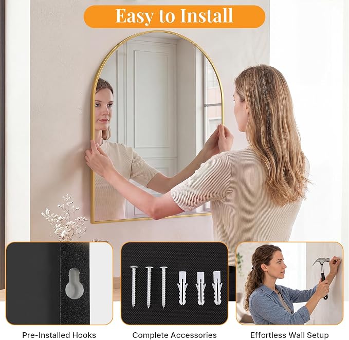 Sweetcrispy 30"x40" Arched Bathroom Mirror, Bathroom Mirrors for Over Sink | Modern Wall Mirrors Arch Decorative for Entryway, Bedroom, Vanity,Horizontal or Vertical Hanging, Gold