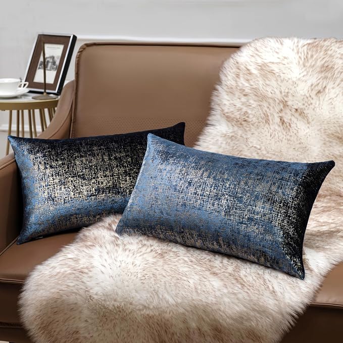 Phantoscope Pack of 2 Sparkling Velvet Decorative Solid Throw Decorative Pillow Cover Soft Gold Glitter Square Cushion Cover Pillowcase for Couch Bed and Chair, Navy Blue, 12 x 20 inches, 30 x 50 cm