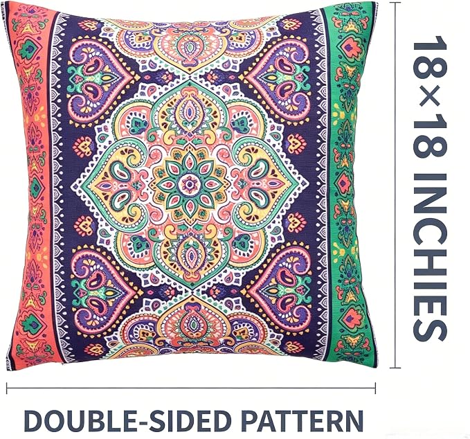 Ethnic Floral Pillow Covers 18x18 Set of 2 Boho Mandala Throw Pillows for Couch Vibrant Polyester Decorative Cushion Cases for Bedroom Living Room Patio Outdoor