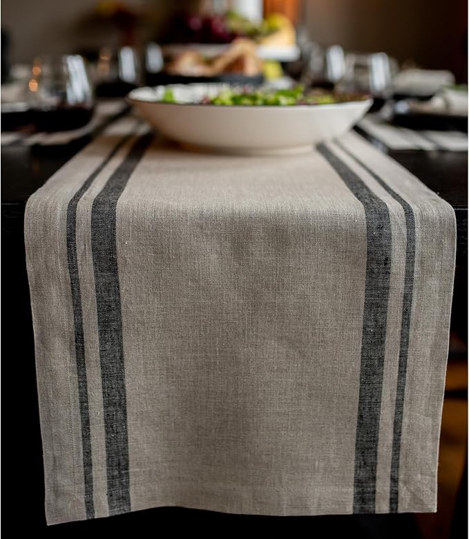Solino Home 100% Pure Linen Table Runner, 14 x 72 in, Black, French Stripe | a graceful centrepiece for dining and gatherings, woven stripe, European flax fibres, machine washable, OEKO-TEX Certified
