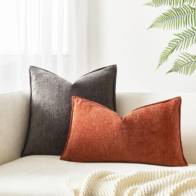JUSPURBET 12x20 Chenille Throw Pillow Covers Set of 2,Burnt Orange | Decorative Cozy Soft Lumbar Cushion Covers Case with Hidden Zipper for Couch Sofa Bed Home Decor Living Room